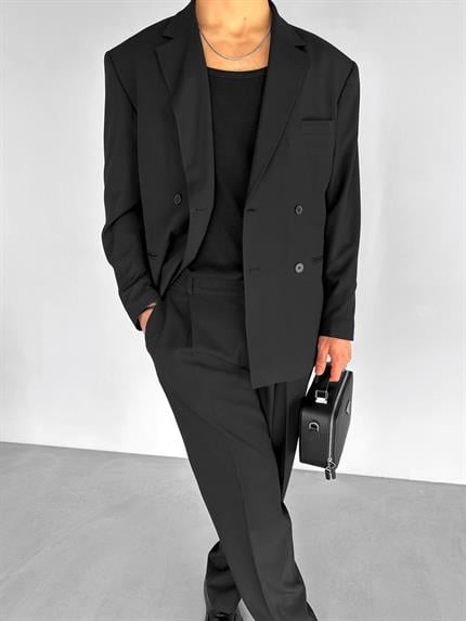 Erkek Oversize Rahat Kalıp Kruvaze Takım Elbise Siyah