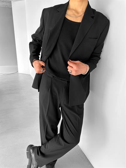 Erkek Oversize Rahat Kalıp Kruvaze Takım Elbise Siyah
