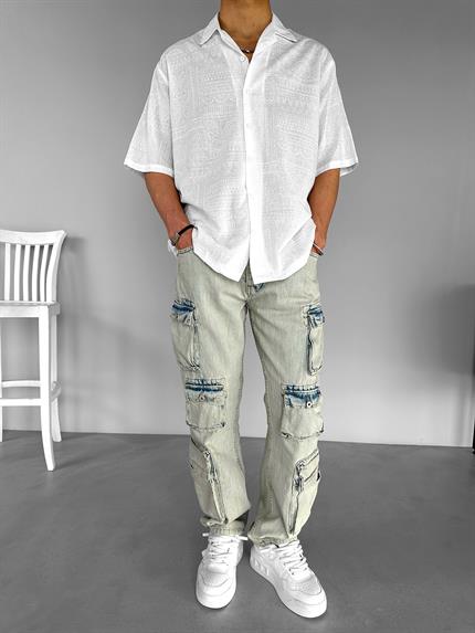 Erkek Oversize Küba Yaka Geometrik Desenli Yazlık Gömlek Ekru