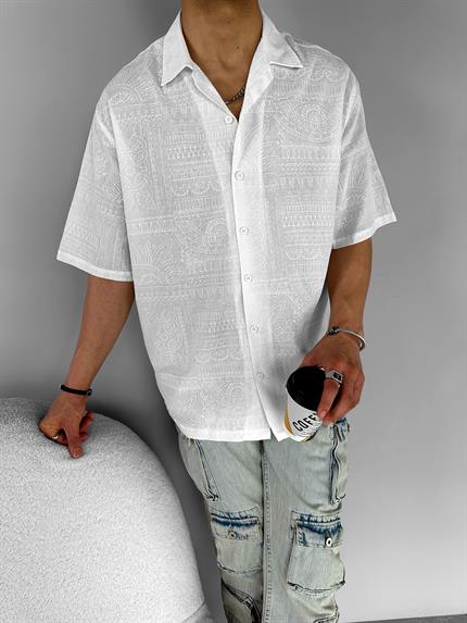 Erkek Oversize Küba Yaka Geometrik Desenli Yazlık Gömlek Ekru