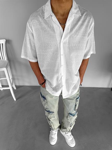 Erkek Oversize Küba Yaka Geometrik Desenli Yazlık Gömlek Ekru
