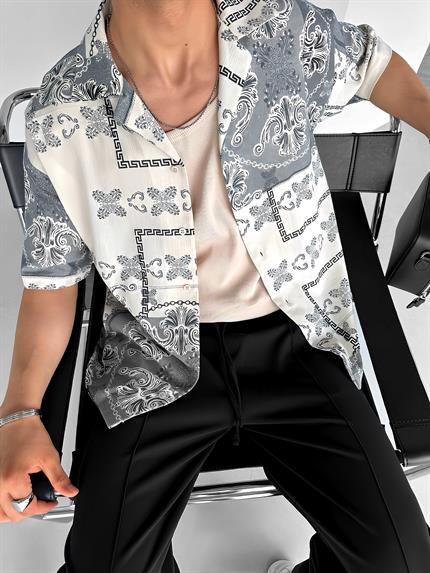 Erkek Oversize Motifli Küba Yaka Keten Gömlek Siyah