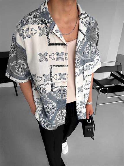 Erkek Oversize Motifli Küba Yaka Keten Gömlek Siyah
