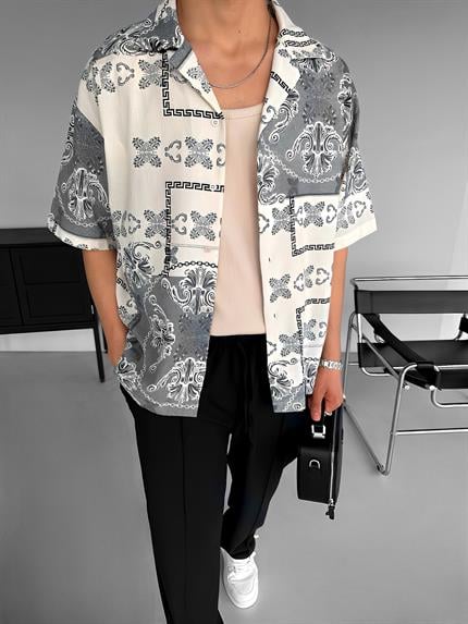 Erkek Oversize Motifli Küba Yaka Keten Gömlek Siyah