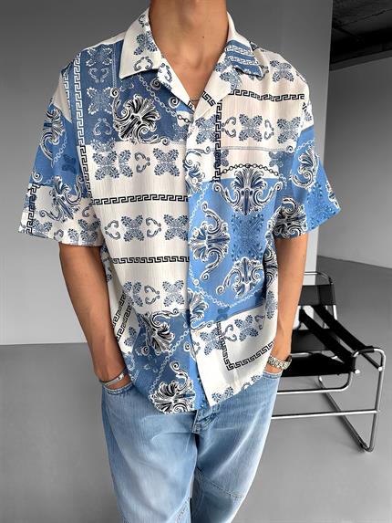 Erkek Oversize Motifli Küba Yaka Keten Gömlek Açık Mavi