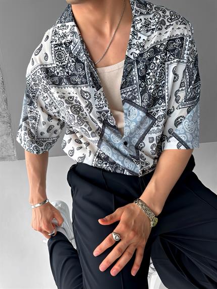 Erkek Oversize Motifli Küba Yaka Kısa Kol Gömlek Haki Yeşil