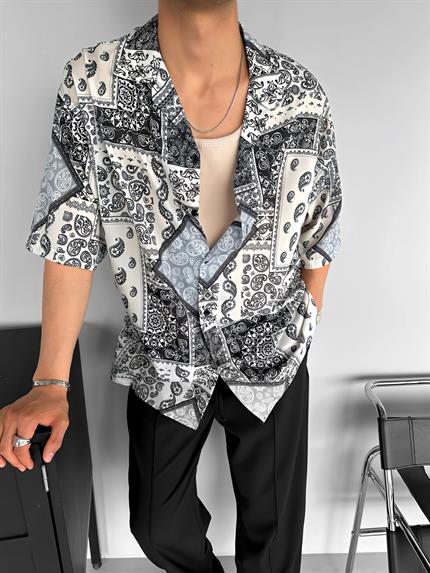 Erkek Oversize Motifli Küba Yaka Kısa Kol Gömlek Haki Yeşil