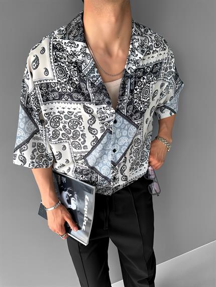 Erkek Oversize Motifli Küba Yaka Kısa Kol Gömlek Haki Yeşil