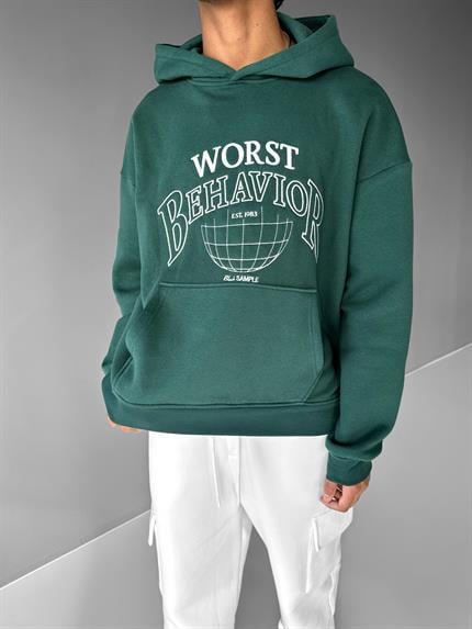 Erkek Oversize Nakışlı Kapüşonlu Sweatshirt Yeşil