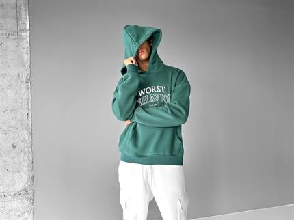 Erkek Oversize Nakışlı Kapüşonlu Sweatshirt Yeşil
