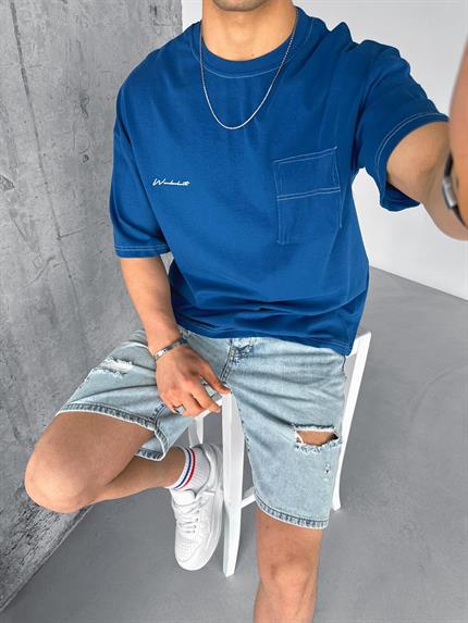 Erkek Oversize Nakışlı Ters Cep Detaylı T-Shirt Mavi