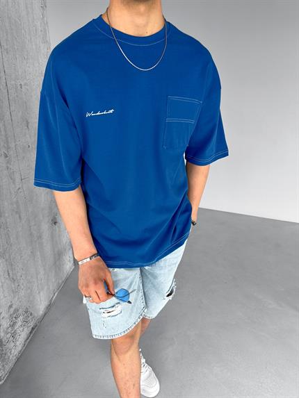Erkek Oversize Nakışlı Ters Cep Detaylı T-Shirt Mavi
