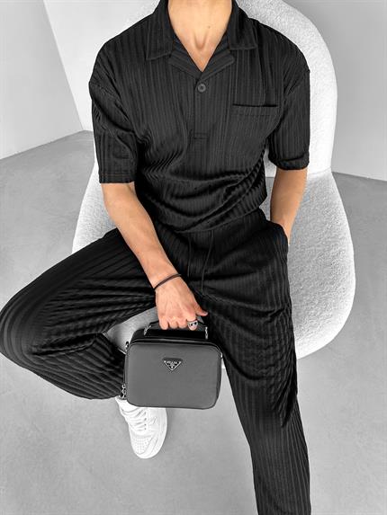 Erkek Oversize Önü Cepli Desenli Yarım Pat Küba Yaka T-Shirt Siyah