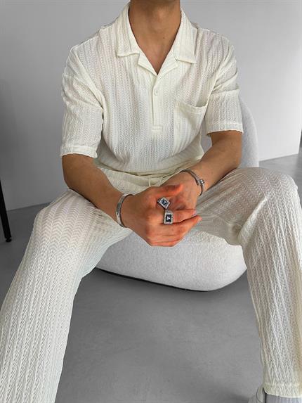 Erkek Oversize Önü Cepli Desenli Yarım Pat Küba Yaka T-Shirt Ekru