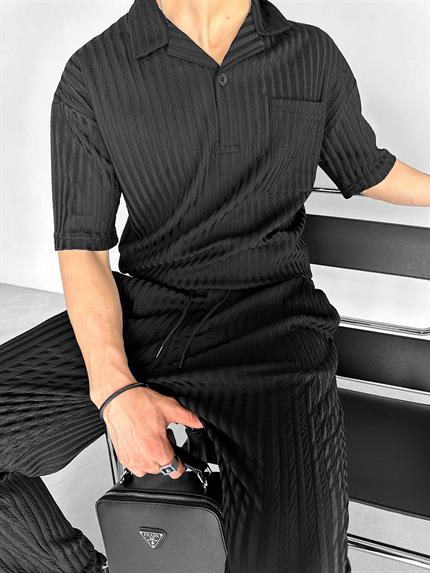 Erkek Oversize Önü Cepli Desenli Yarım Pat Küba Yaka T-Shirt Siyah