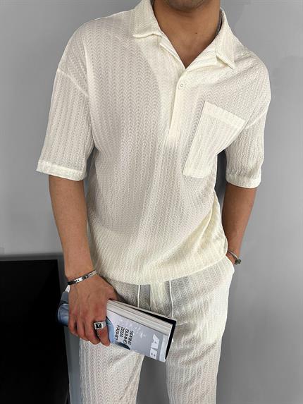 Erkek Oversize Önü Cepli Desenli Yarım Pat Küba Yaka T-Shirt Ekru