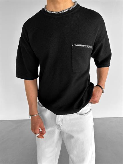 Erkek Oversize Önü Cepli Örme T-Shirt Siyah