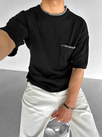 Erkek Oversize Önü Cepli Örme T-Shirt Siyah