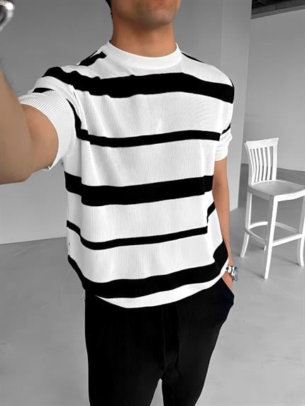 Erkek Oversize Örme T-Shirt Ekru