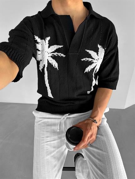 Erkek Oversize Palmiye Desenli Triko T-Shirt Siyah