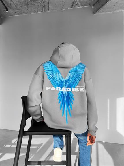 Erkek Oversize Paradise Baskılı Hoodie Gri