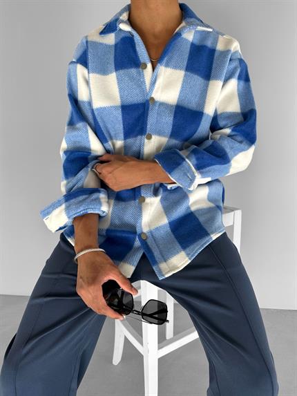 Erkek Oversize Polar Ekose Gömlek Mavi