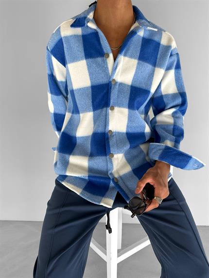 Erkek Oversize Polar Ekose Gömlek Mavi
