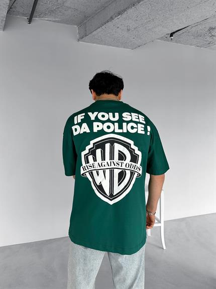Erkek Oversize Police! Baskılı İki İplik T-Shirt Yeşil