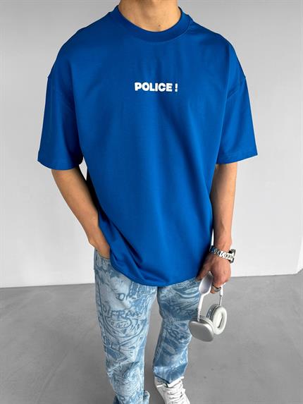 Erkek Oversize Police! Baskılı İki İplik T-Shirt Mavi