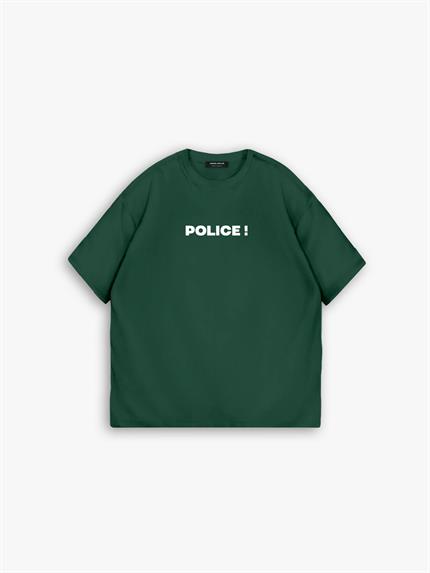 Erkek Oversize Police! Baskılı İki İplik T-Shirt Yeşil
