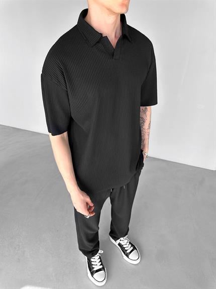 Erkek Oversize Polo Yaka Basic Fitilli T-Shirt Siyah