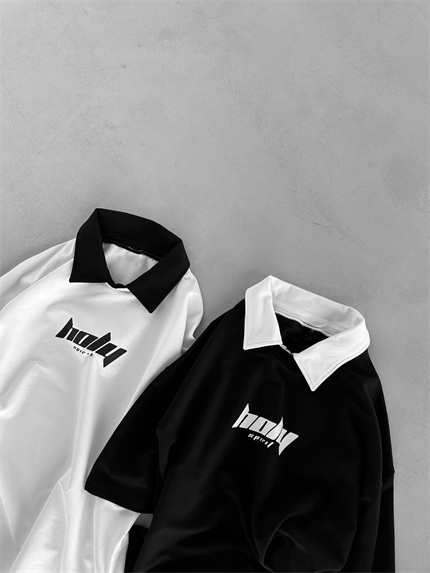 Erkek Oversize Polo Yaka Dokulu Esnek Rahat Baskılı T-Shirt Siyah