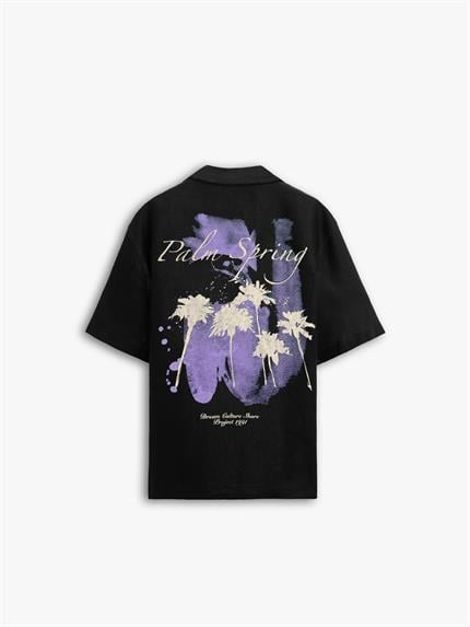 Erkek Oversize Polo Yaka Grafik Baskılı Gömlek Siyah