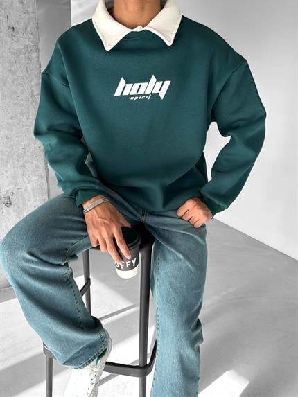 Erkek Oversize Polo Yaka Sweatshirt Yeşil