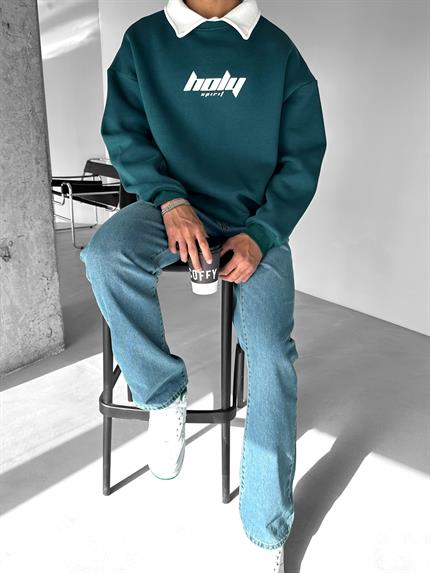 Erkek Oversize Polo Yaka Sweatshirt Yeşil