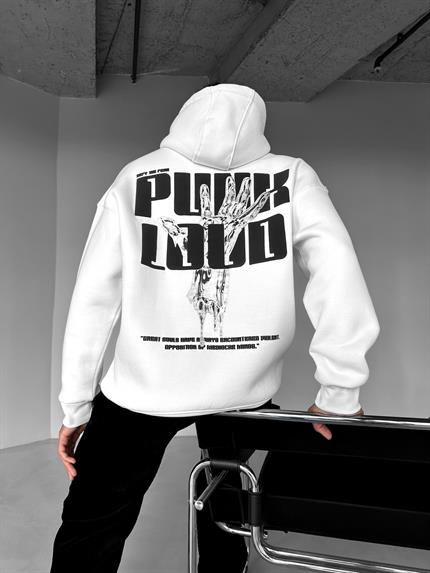 Erkek Oversize Punk Loud Kapüşonlu Sweatshirt Beyaz