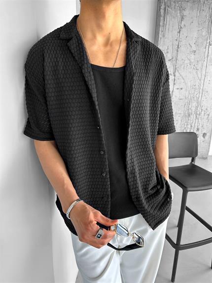 Erkek Oversize Rahat Yazlık Serin Tutan İşlemeli Örme Gömlek Siyah