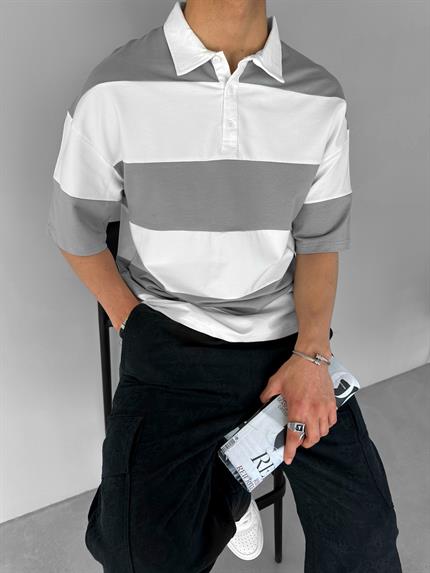 Erkek Oversize Renk Bloklu Polo Yaka T-Shirt Gri