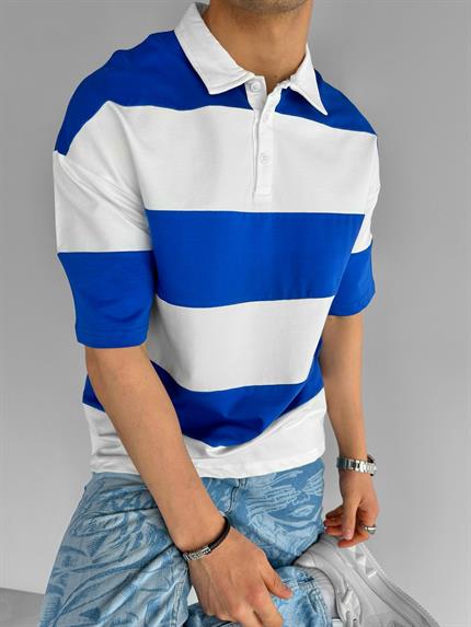 Erkek Oversize Renk Bloklu Polo Yaka T-Shirt Saks Mavi