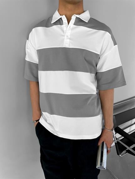 Erkek Oversize Renk Bloklu Polo Yaka T-Shirt Gri