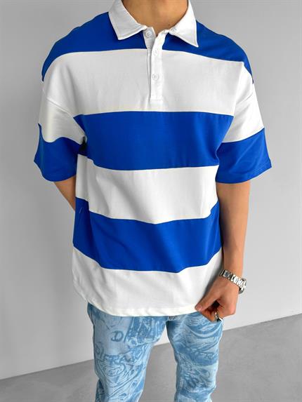 Erkek Oversize Renk Bloklu Polo Yaka T-Shirt Saks Mavi