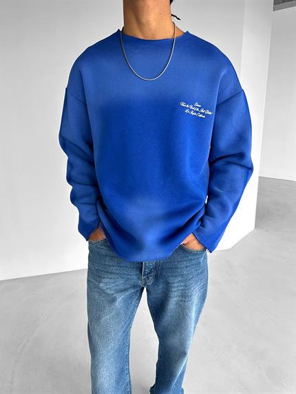 Erkek Oversize Smoke Baskılı Sweatshirt Saks Mavi