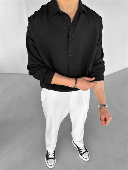 Erkek Süper Oversize Special Dokulu Uzun Kollu Gömlek Siyah
