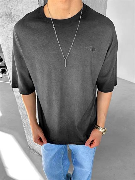 Erkek Oversize Vintage Flawers Desen Baskılı T-Shirt Füme