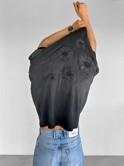 Erkek Oversize Vintage Flawers Desen Baskılı T-Shirt Füme