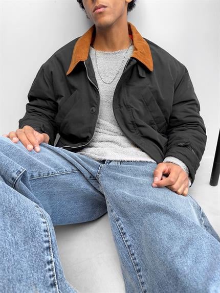 Erkek Oversize Yakalı Retro Mont Siyah