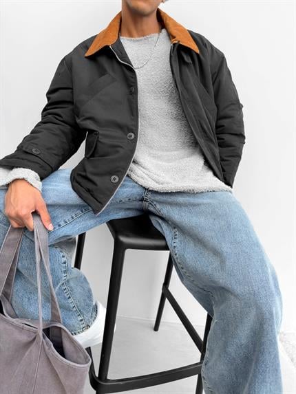 Erkek Oversize Yakalı Retro Mont Siyah