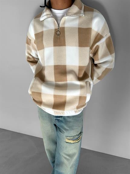 Erkek Oversize Yarım Fermuarlı Ekose Polar Sweatshirt Bej