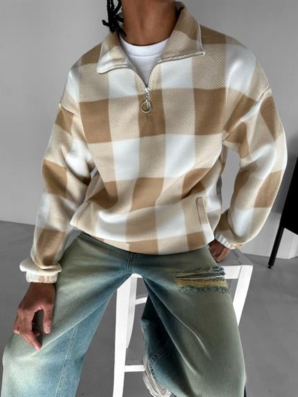 Erkek Oversize Yarım Fermuarlı Ekose Polar Sweatshirt Bej