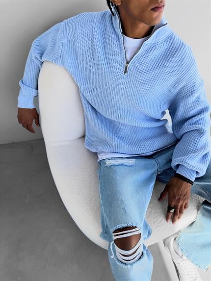 Erkek Oversize Yarım Fermuarlı Kazak Bebek Mavi